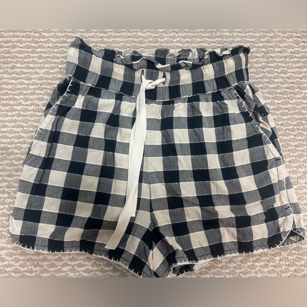 Sezane Black and White Checkered High-Waist Shorts